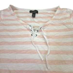 Lauren Ralph Lauren Women's Shirt Medium Pink White Stripes Lace Up V-Neck